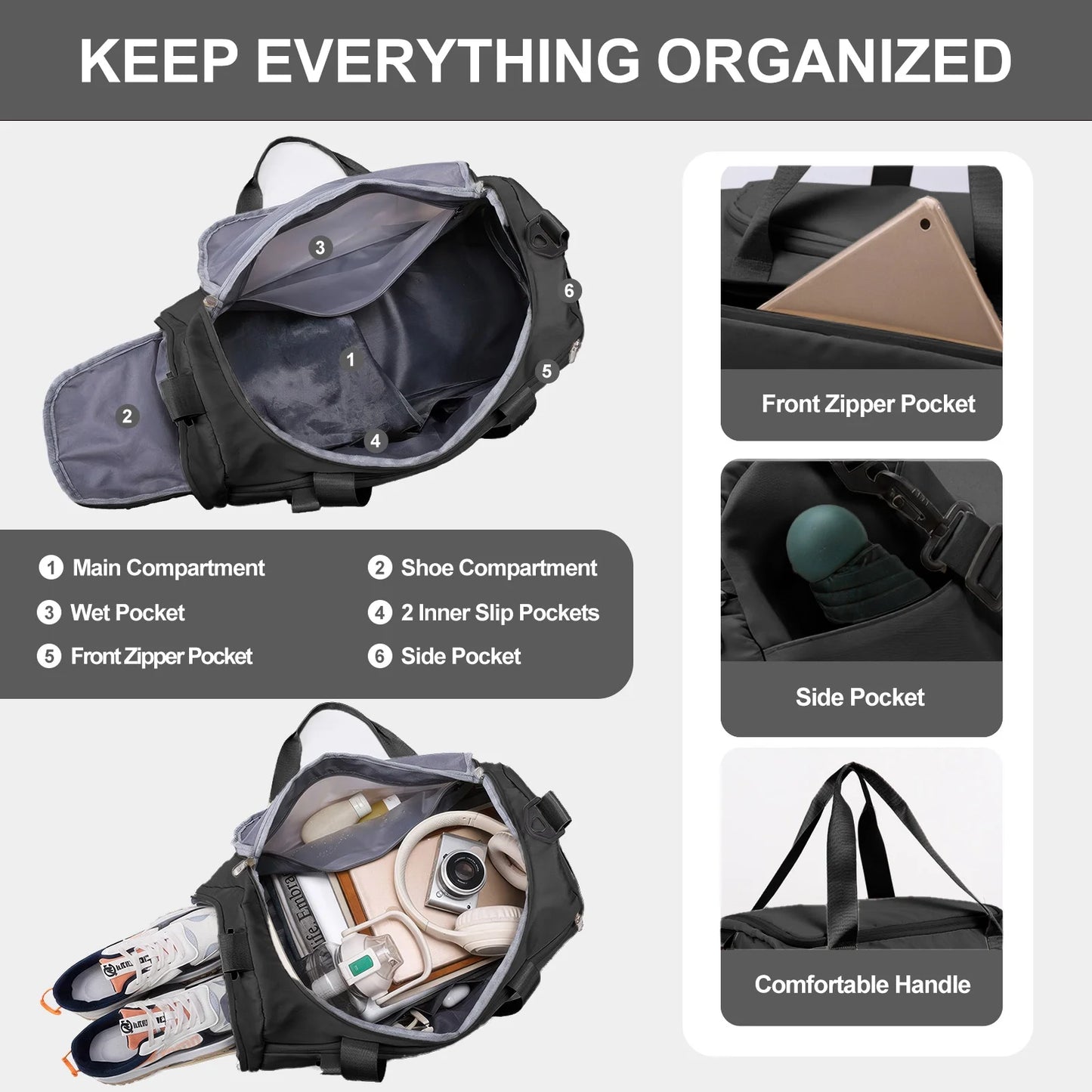 Ultimate Waterproof Travel Duffle Bag with Shoe Compartment - Perfect for Gym, Sports, and Weekend Getaways in Sleek Black Design